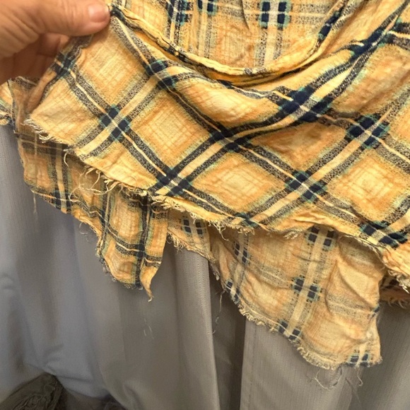 Free People Yellow Grunge Plaid Button Down Shirt Tunic raw hem👠 - Picture 3 of 11